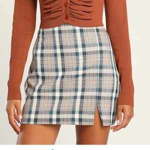 Lulus Ivory Plaid Notched Mini Skirt